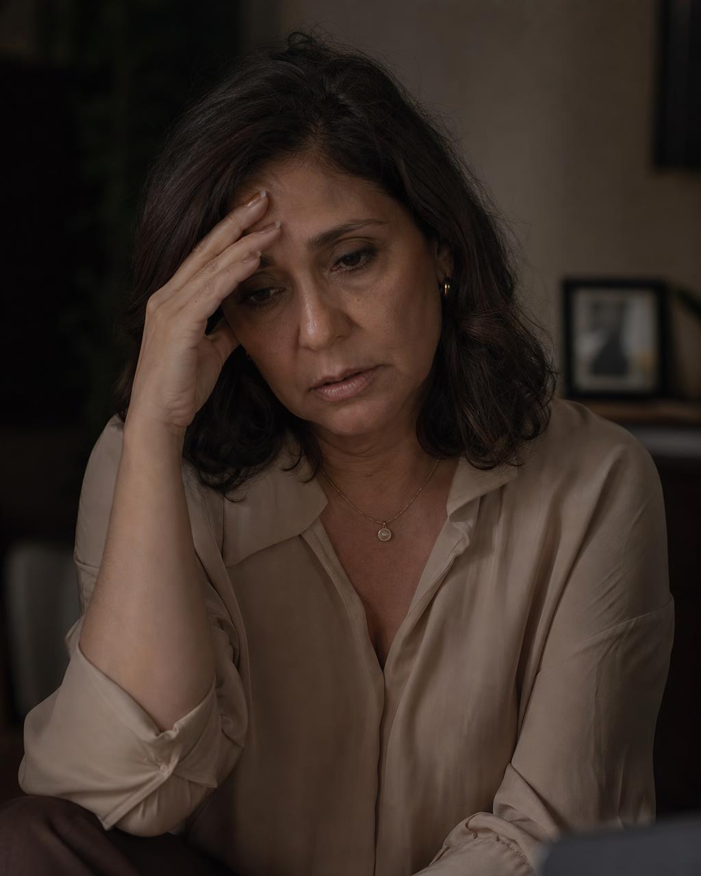 Mujer de 40+ con expresión de cansancio y confusión
